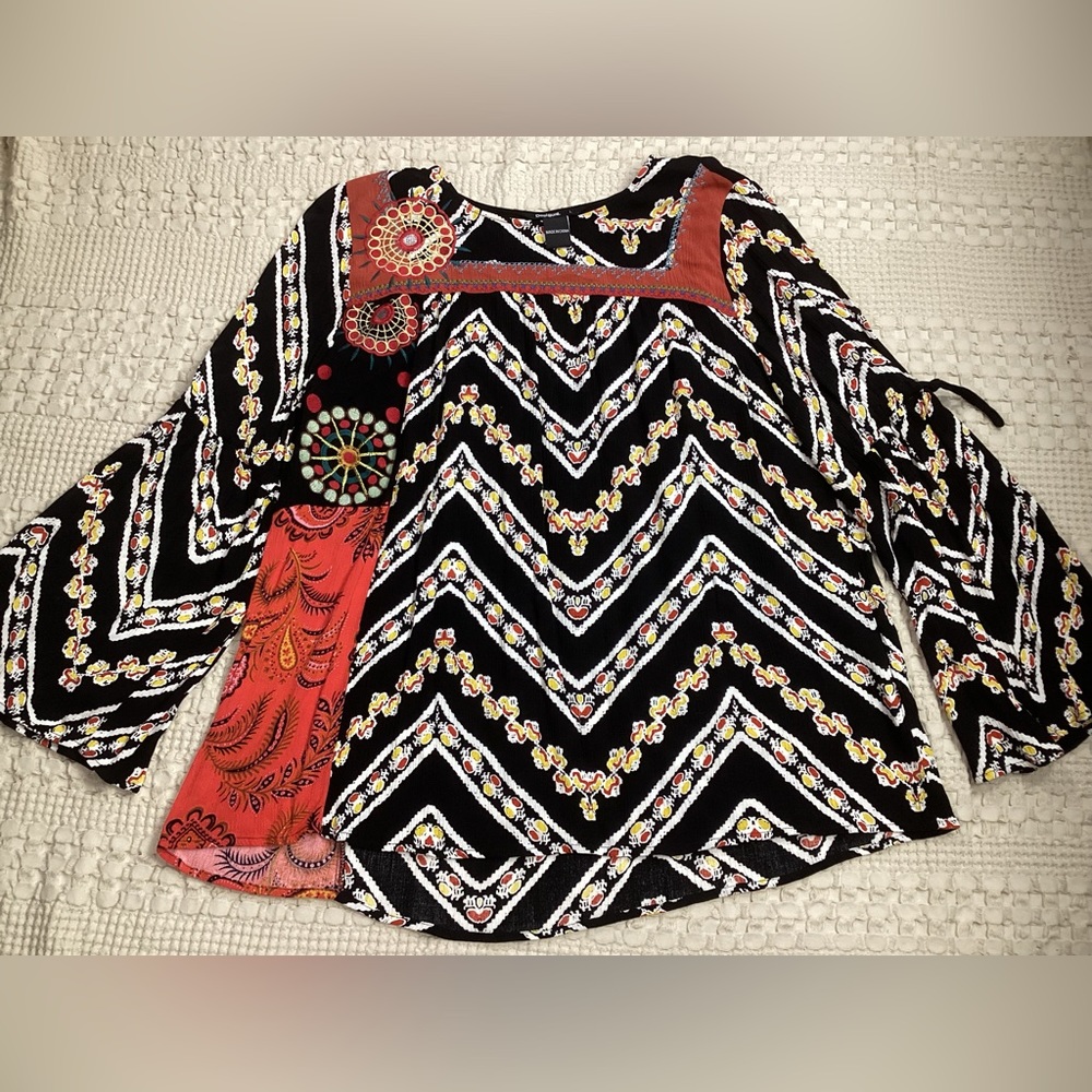 Womens Desigual Carlos Bell Sleeve Crinkle Embroidered Boho Blouse Large
